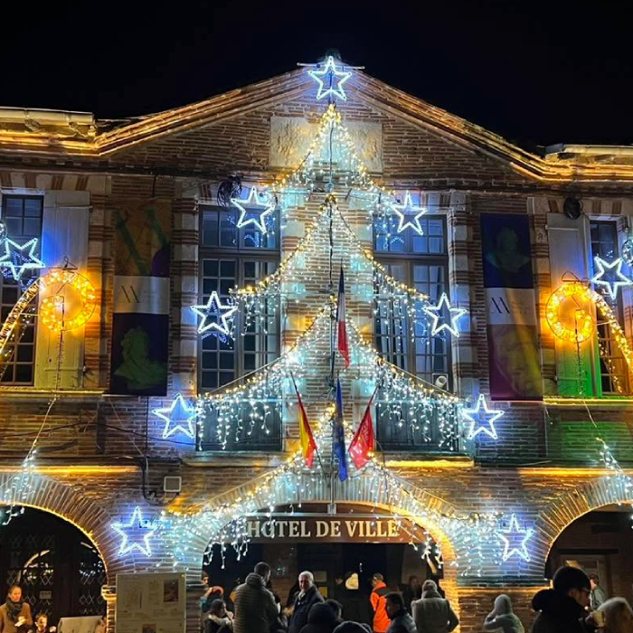 Illuminations festives installées sur une façade de bâtiment par Société Escaffit
