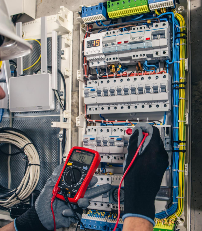 Technicien de Société Escaffit contrôlant un tableau électrique avec un multimètre
